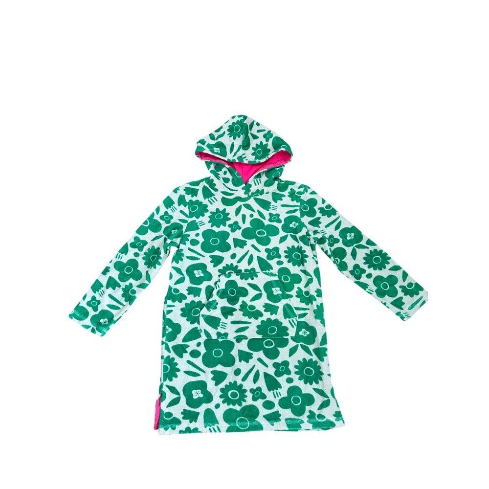 Mini Boden Green Floral Hooded Swim Cover-Up with Pink Lining
